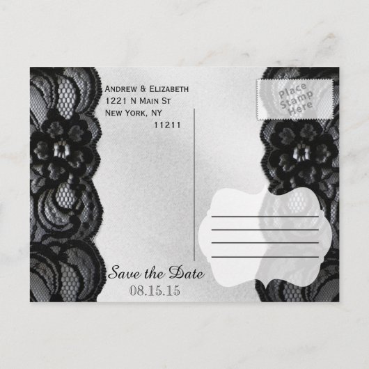 Zwarte kant en satijn Save the Date Aankondigingskaart (Achterkant)