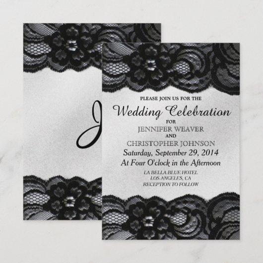 Zwarte kant en witte satijnbruiloft kaart (Voorkant / Achterkant)