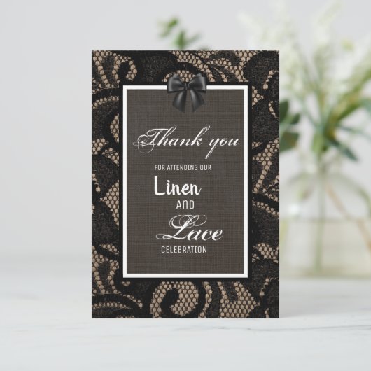 Zwarte kant, jute, linnen aangepaste trouw  bedankkaart (Staand voorkant)