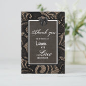 Zwarte kant, jute, linnen custom bruiloft  bedankkaart (Staand voorkant)