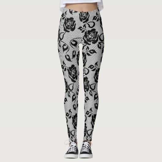 Zwarte kant met Rozen op witte Leggings (Voorkant)