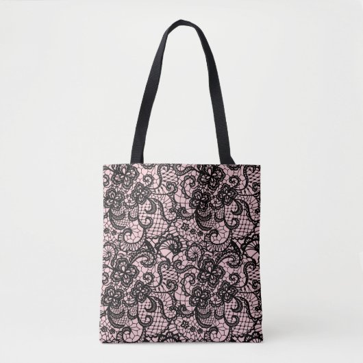 Zwarte kant op Blush Pink Canvas tas (Voorkant)