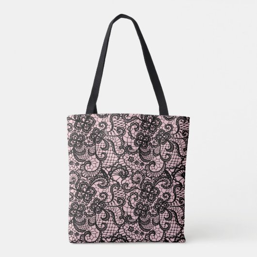 Zwarte kant op Blush Pink Canvas tas (Achterkant)