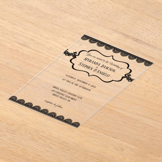 Zwarte kant op duidelijke aangepaste bruiloft acryl uitnodigingen (Laagn)