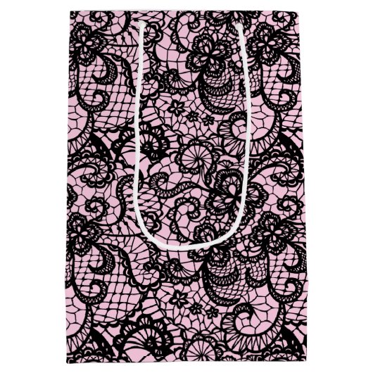Zwarte kant op roze medium cadeauzakje (Achterkant)