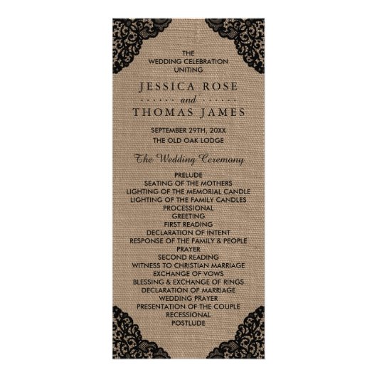 Zwarte kant op rustieke burlap huwelijksprogramma reclamekaart (Voorkant)