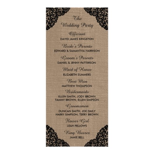 Zwarte kant op rustieke burlap huwelijksprogramma reclamekaart (Achterkant)