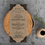 Zwarte kant op rustieke Burlap Wedding Menu<br><div class="desc">De zwarte kant op het collectie van de rustige burlap is een verbluffend design met een mooie rustige burlap-effect achtergrond met een romantische zwarte kant-en-klare trim. Deze menkkaarten kunnen voor uw speciale gelegenheid worden gepersonaliseerd en maken het perfecte accessoire voor elke trouwe bruiloft, elk vrijgezellenfeest, elke verlovingsfeest, elk verjaardagsfeest en...</div>