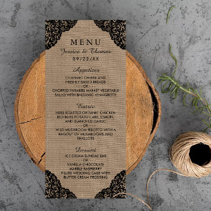 Zwarte kant op rustieke Burlap Wedding Menu