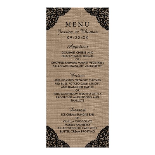 Zwarte kant op rustieke Burlap Wedding Menu (Voorkant)