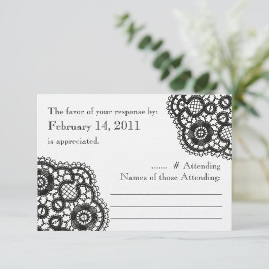 Zwarte kant op wit (Wedding Reply Kaarten) RSVP Kaartje (Staand voorkant)