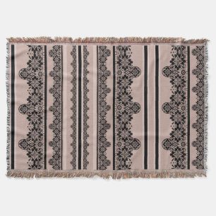 Zwarte kant, openwerk, bruine achtergrond, beige,  deken