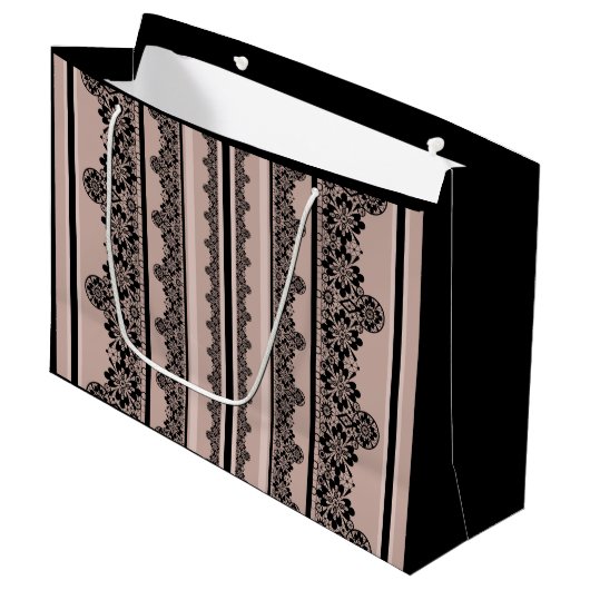 Zwarte kant, openwerk, bruine achtergrond, beige,  groot cadeauzakje (Voorkant Gekanteld)
