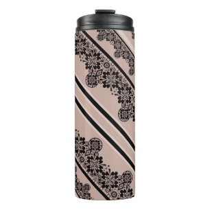 Zwarte kant, openwerk, bruine achtergrond, beige, thermosbeker