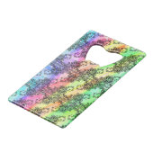 Zwarte kant over pastelregenboog creditkaart flessenopener (Voorkant Gekanteld)