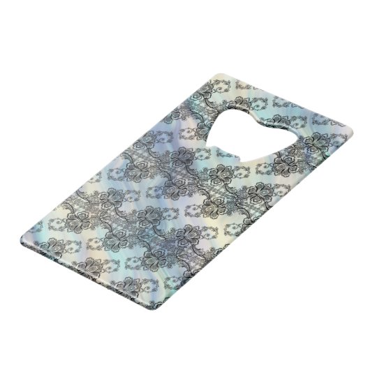 Zwarte kant over pastelstromen creditkaart flessenopener (Achterkant Gekanteld)