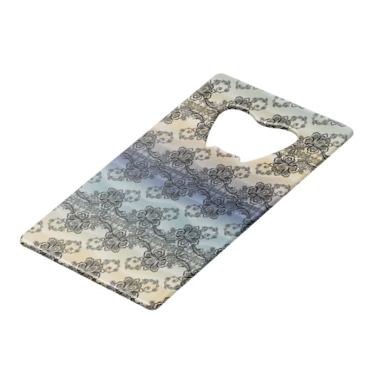 Zwarte kant over zachte pastelgolven creditkaart flessenopener (Achterkant Gekanteld)