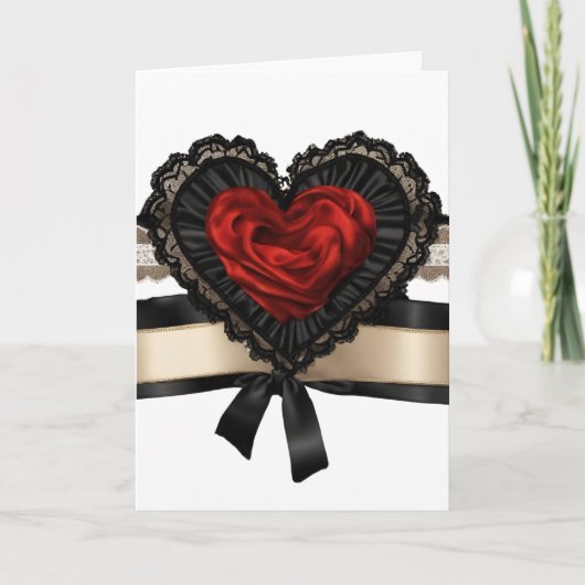 Zwarte Kant Rode Lint Valentijnsdag Hart Kaart (Voorkant)