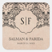  zwarte kant Rustic Burlap bruiloft Vierkante Sticker (Voorkant)
