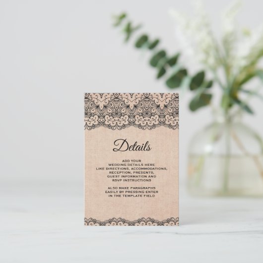 zwarte kant — Rustic Burlap — Gegevens Informatiekaartje (Staand voorkant)