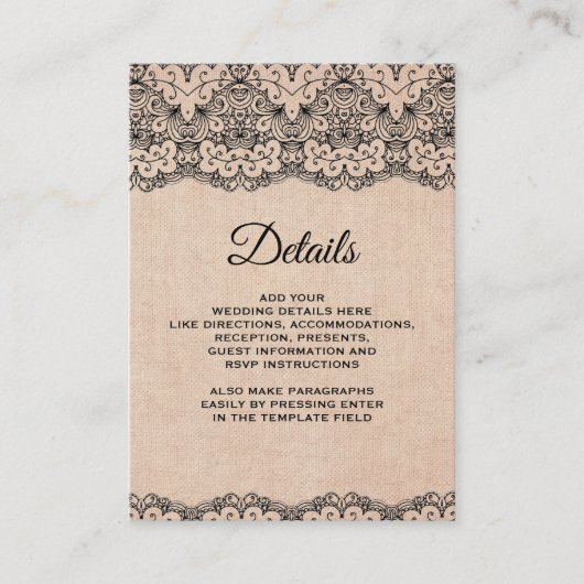  zwarte kant — Rustic Burlap — Gegevens Informatiekaartje (Voorkant)