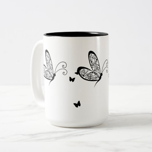 Zwarte kant Vlinders 1 Tweekleurige Koffiemok (Voorkant links)