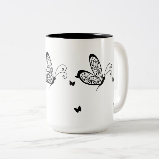 Zwarte kant Vlinders 1 Tweekleurige Koffiemok (Voorkant rechts)