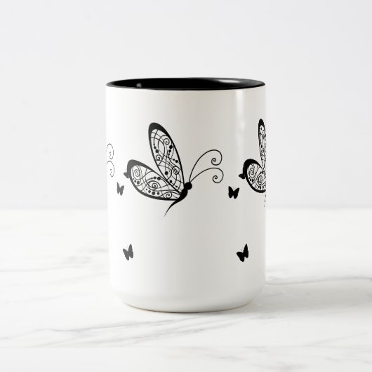 Zwarte kant Vlinders 1 Tweekleurige Koffiemok (Center)