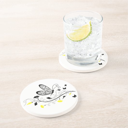 Zwarte kant vlinders 3 zandsteen onderzetter (Zijkant)