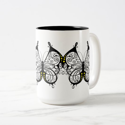Zwarte kant Vlinders 5 Tweekleurige Koffiemok (Voorkant rechts)
