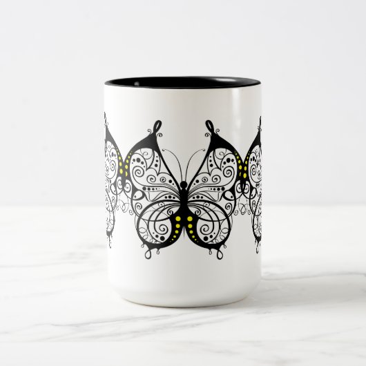 Zwarte kant Vlinders 5 Tweekleurige Koffiemok (Center)