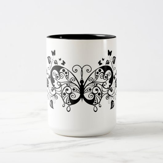 Zwarte kant vlinders 9 tweekleurige koffiemok (Center)