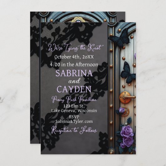 Zwarte kant, vlinders en Paarse Rozen bruiloft Kaart (Voorkant / Achterkant)