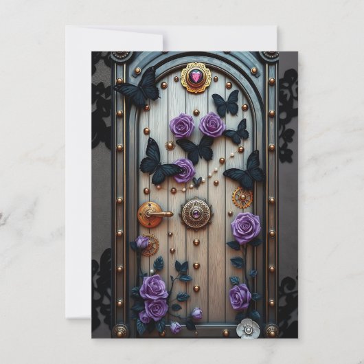 Zwarte kant, vlinders en Paarse Rozen bruiloft Kaart (Achterkant)