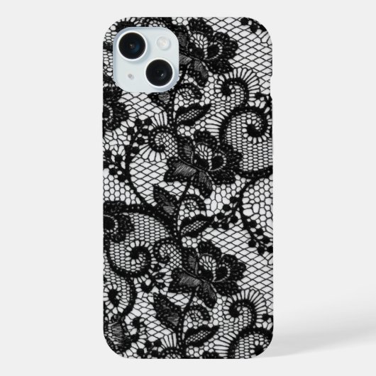 Zwarte Kanten Bloem iPhone 15 Plus Hoesje Case (Achterkant)