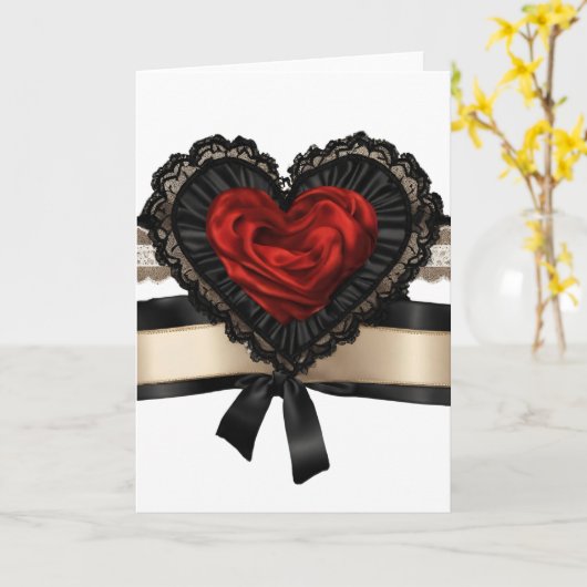 Zwarte Kanten Rode Lint Valentijnsdag Hart Kaart (Gele Bloem)