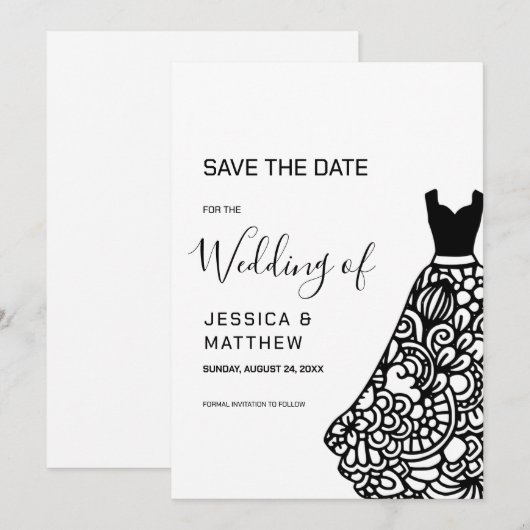 Zwarte kanten trouwjurk save the date (Voorkant / Achterkant)