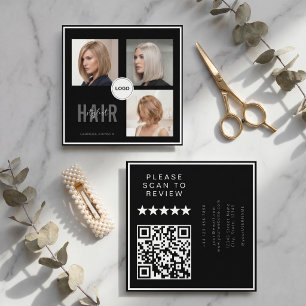 Zwarte Kapsalon Stylist Foto Collage QR Code & Rev Vierkante Visitekaartje