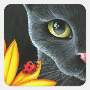 Zwarte Kat 510 lieveheersbeestje gele bloem Vierkante Sticker