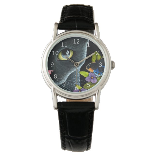 Zwarte Kat 557 Blauwe Vlinder Bloemen Horloge (Voorkant)