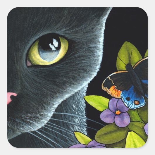 Zwarte Kat 557 Blauwe Vlinder Bloemen Vierkante Sticker (Voorkant)