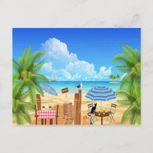 Zwarte kat aan de strand briefkaart