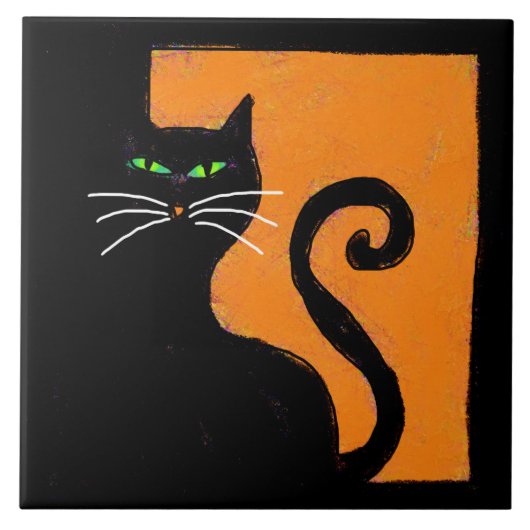 Zwarte Kat Abstract Halloween Kunst Tegeltje (Voorkant)