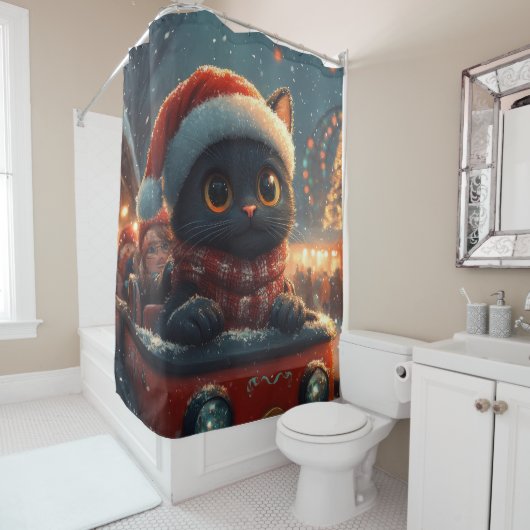 Zwarte Kat Achtbaan Kerst Douchegordijn (In situ)