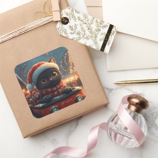 Zwarte Kat Achtbaan Kerstmis Vierkante Sticker (Geschenken)