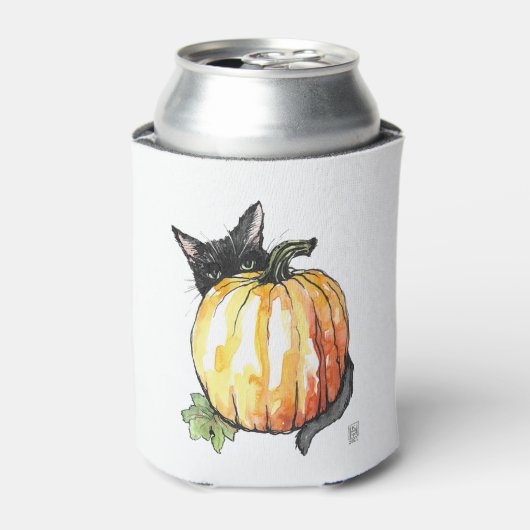 Zwarte kat achter pompoen Koelbox Blikjeskoeler (Blikje Voorkant)