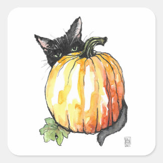 Zwarte kat achter pompoenvierkant Sticker blad