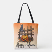 Zwarte Kat Afsluiting Jack-O' Lantern Oranje Hallo Tote Bag (Achterkant)