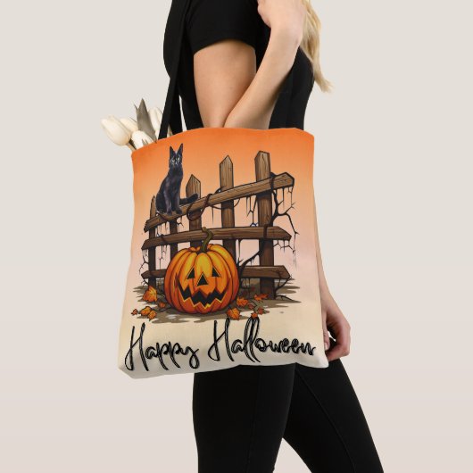 Zwarte Kat Afsluiting Jack-O' Lantern Oranje Hallo Tote Bag (Dichtbij)