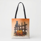 Zwarte Kat Afsluiting Jack-O' Lantern Oranje Hallo Tote Bag (Voorkant)